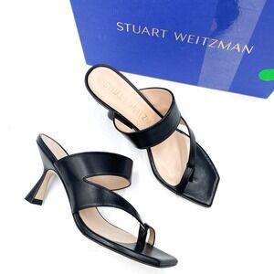 Stuart Weitzman Lyla 75 Sandals Black Leather Square Toe Heel Thong Sz 6‎